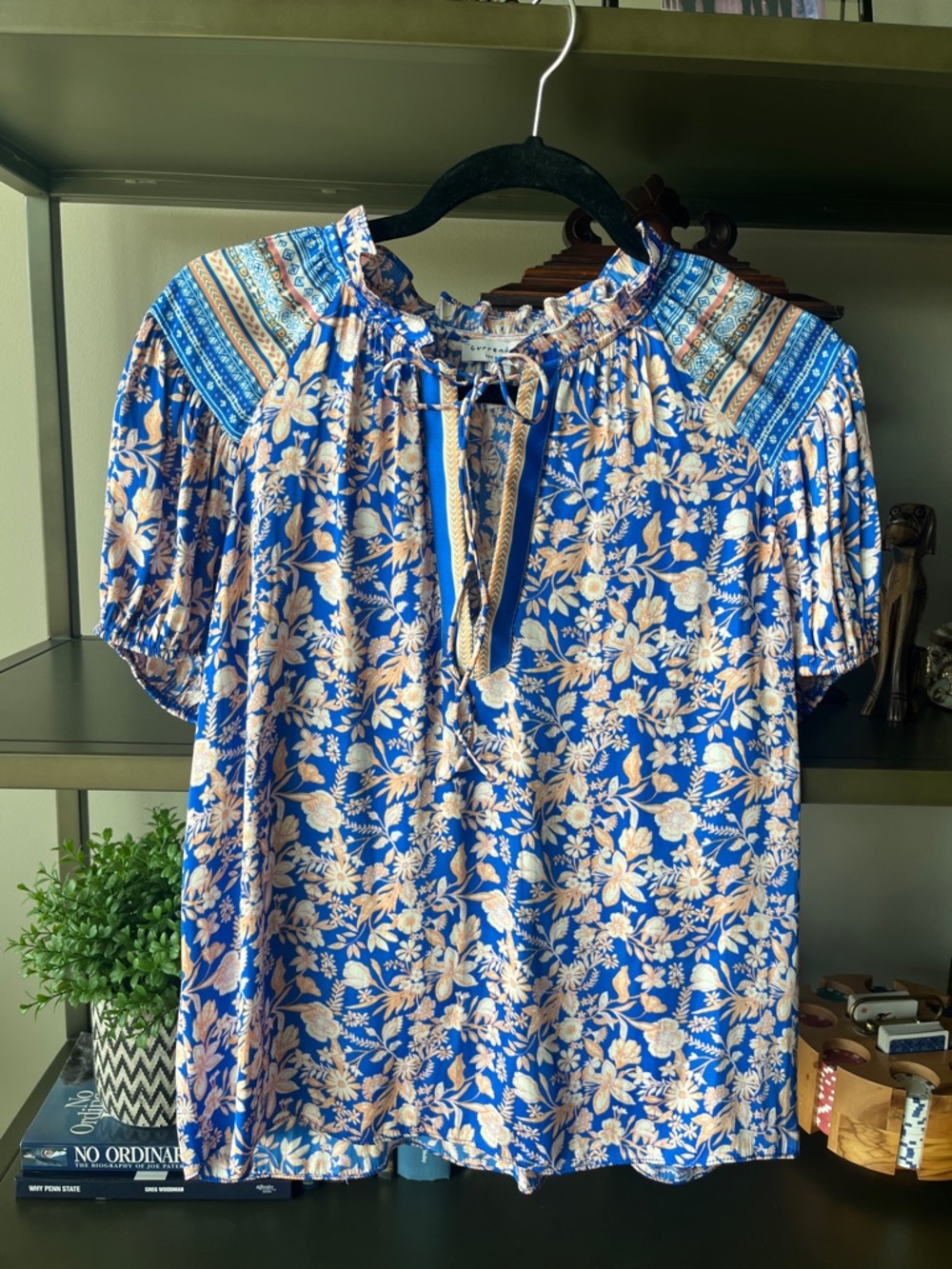 Current Air Blue and Cream Floral Tie-Neck Blouse